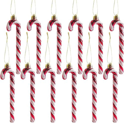 Red Plastic Christmas Glitter Candy Cane Ornaments - 12 Pack Holiday Decorations