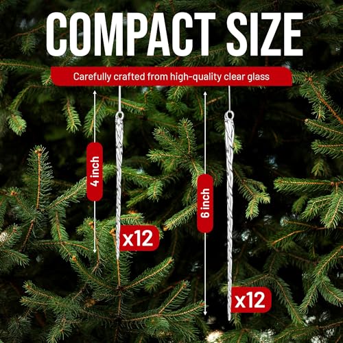 24 Pc Glass Christmas Icicle Ornaments Set - 12x 4-Inch & 12x 6-Inch Clear Twisted Decorations, Holiday Tree & Winter Decor