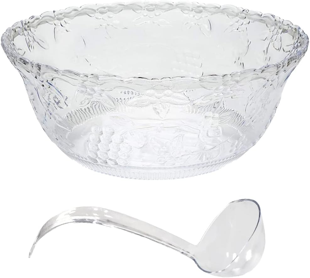 Premium Large Clear Punch Bowl Plastic Lightweight 2 Gallon with Clear Plastic Serving Ladle 5 oz Embroidered Design 8 Quart Serving Bowl