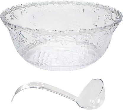 Premium Large Clear Punch Bowl Plastic Lightweight 2 Gallon with Clear Plastic Serving Ladle 5 oz Embroidered Design 8 Quart Serving Bowl