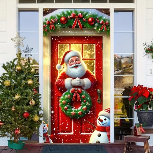 Christmas Door Cover Santa Pine Greenery 35x71 Inch Holiday Decor - Green & Red
