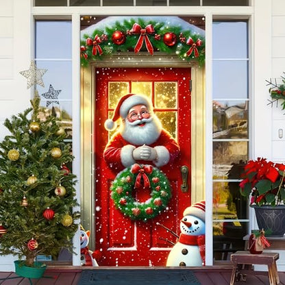 Christmas Door Cover Santa Pine Greenery 35x71 Inch Holiday Decor - Green & Red