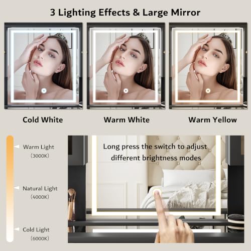 iPormis Black Vanity Desk with Mirror, RGB Lights, 2 Outlets & 7 Drawers