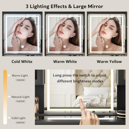 iPormis Black Vanity Desk with Mirror, RGB Lights, 2 Outlets & 7 Drawers