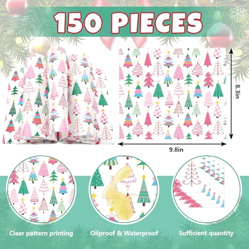 Christmas Wax Paper Sheets - Festive Pink and Green Tree Deli Wraps, Waterproof & Greaseproof, 9.8 x 8.3 Inches, 150 Pack