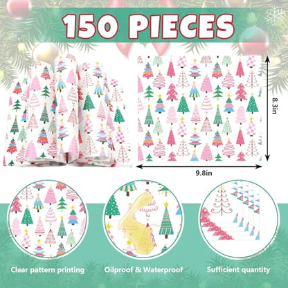 Christmas Wax Paper Sheets - Festive Pink and Green Tree Deli Wraps, Waterproof & Greaseproof, 9.8 x 8.3 Inches, 150 Pack