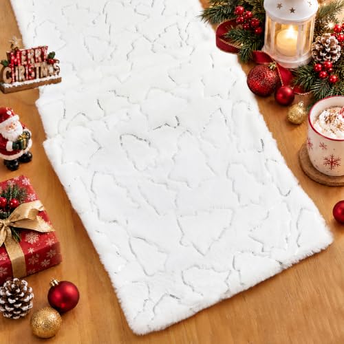 White Faux Fur Christmas Table Runner with Silver Sequin Trees - 13x48 Inches - Variation of THIS listing