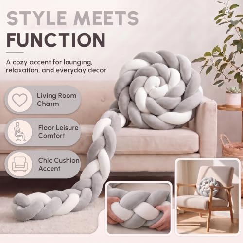 Knot Pillow - Gray White Woven Accent Bolster Cushion 78 Inch, Modern Boho Decor