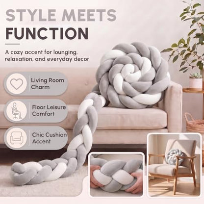 Knot Pillow - Gray White Woven Accent Bolster Cushion 78 Inch, Modern Boho Decor