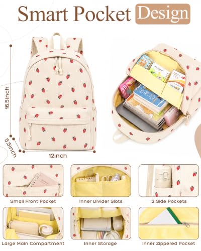 Girls Corduroy Strawberry Backpack for School & Travel - Beige