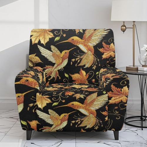 Hummingbird Recliner Chair Cover - Washable Polyester Slipcover with Anti-Slip & Side Pockets - Fits 27-37 Inches