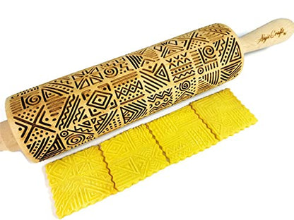 AFRICA Embossing Rolling Pin Dogh Roller with Tribal Pattern for Embossed Cookies and Pottery by Algis Crafts