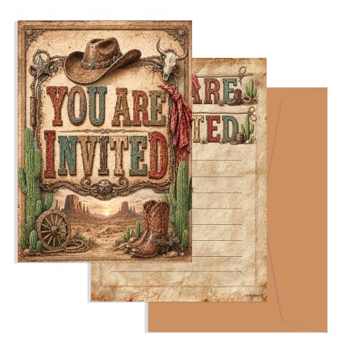 Western Cowboy Birthday Party Invitations Walnut 10 Pack with Envelopes Rustic Rodeo Theme