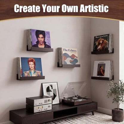 Wall Mount Vinyl Record Holder - Large Wooden Display Shelf for 8-12 LPs