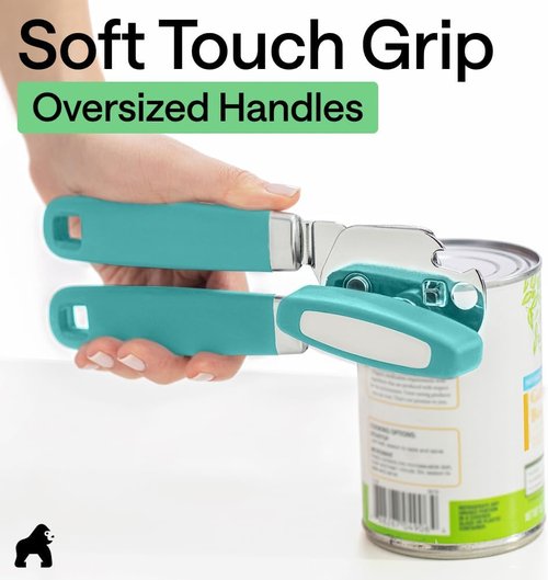 GORILLA GRIP Heavy Duty Can Opener - Stainless Steel with Comfortable Handle & Oversized Knob | Turquoise
