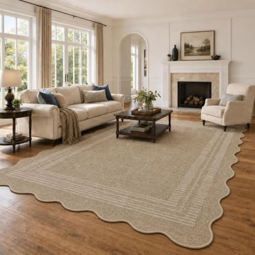 GarveeHome 5x7 Rectangular Scalloped Area Rug - Washable Non Slip Low Pile Tan