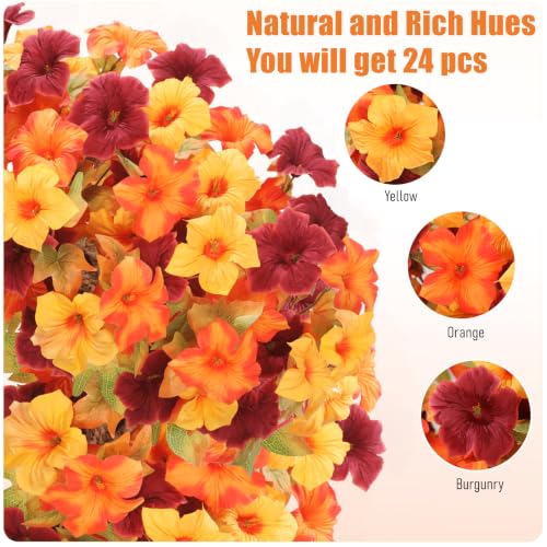 Artificial Petunias Flowers Set - Burgundy, Orange & Yellow, UV Resistant Outdoor