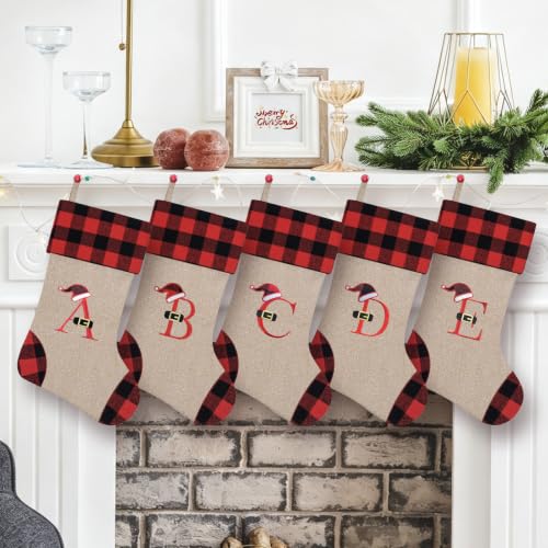 Personalized 20 Inch Monogram Burlap Christmas Stocking - Letter H, Red Black Buffalo Plaid