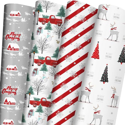 Christmas Wrapping Paper Bundle - Reindeer, Snowflake, Red Truck & Woodland Designs - White-Christmas Variation, 6 Jumbo Sheets