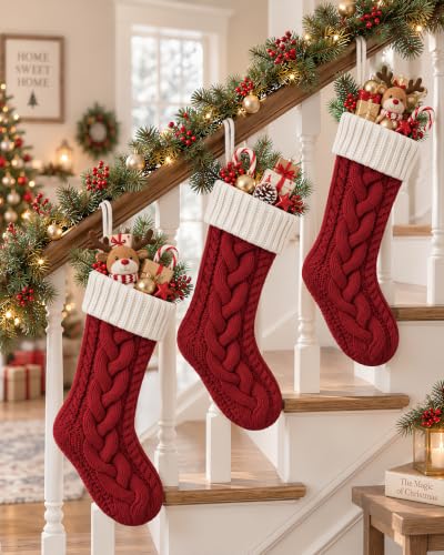 Christmas Stockings 3 Pack 18 Inch Cable Knit Holiday Decor - Red White