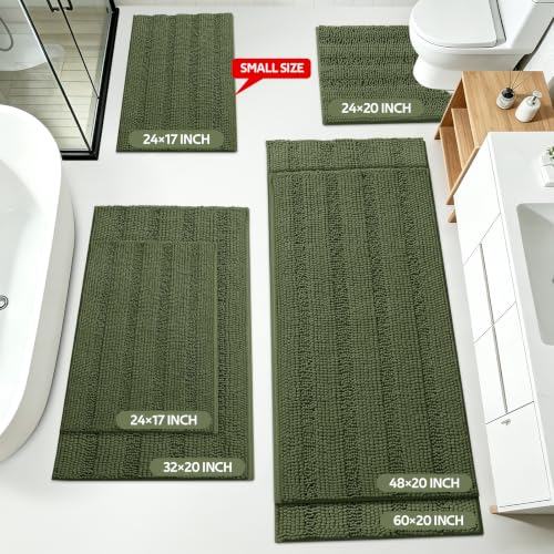 Christmas Striped Bathroom Rug Set - Oliver Green 3-Piece Non Slip Chenille Bath Mat, Absorbent Plush Shaggy Rugs for Bathroom, Bedroom, Kitchen - Variation of Oliver Green / 2'8"x1'8"+2'×1'5"+U Shape 2'×1'8"