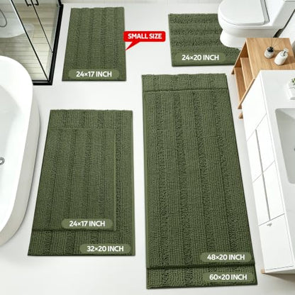 Christmas Striped Bathroom Rug Set - Oliver Green 3-Piece Non Slip Chenille Bath Mat, Absorbent Plush Shaggy Rugs for Bathroom, Bedroom, Kitchen - Variation of Oliver Green / 2'8"x1'8"+2'×1'5"+U Shape 2'×1'8"