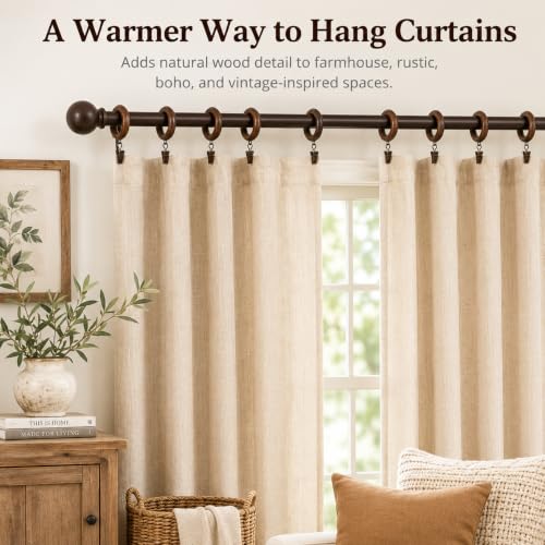 Wood Curtain Rings with Clips - 1.77" Inner Diameter, Walnut Finish, Set of 12