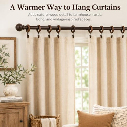 Wood Curtain Rings with Clips - 1.77" Inner Diameter, Walnut Finish, Set of 12