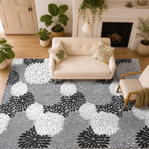 Arenarug 5x7 Grey White Black High-Low Plush Washable Area Rug - Floral Design