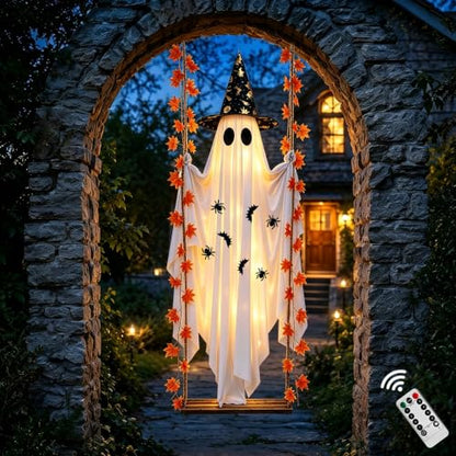 Large Outdoor Hanging Ghost Decor with Witch Hat & LED Lights - 5.4FT Halloween Yard & Porch Decoration