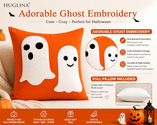 Halloween Ghost Throw Pillow 18x18 Inch with Insert - Orange Embroidered Decor