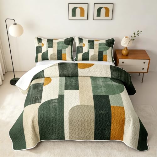 Fern & Marigold Geometric Quilt Set Twin - Mid-Century Modern Bedding with Pillowcases