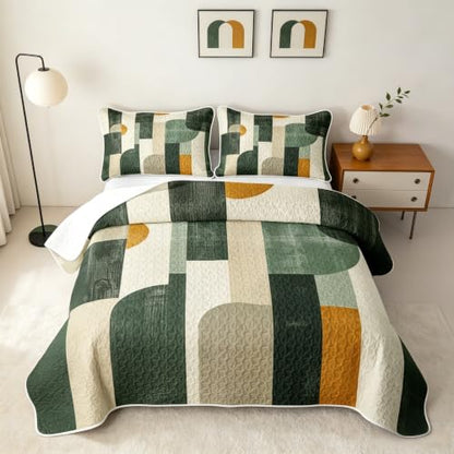 Fern & Marigold Geometric Quilt Set Twin - Mid-Century Modern Bedding with Pillowcases