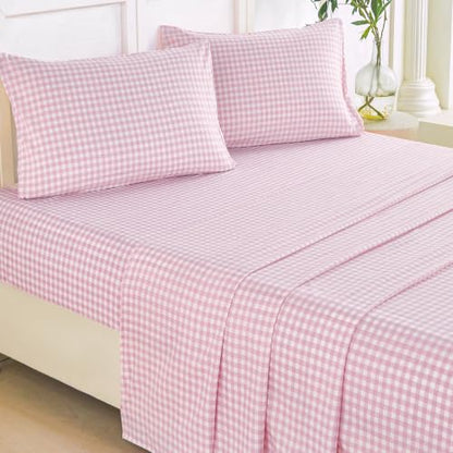 Pink Gingham Twin Sheet Set - 4 Piece Microfiber Plaid Bedding with Deep Pockets