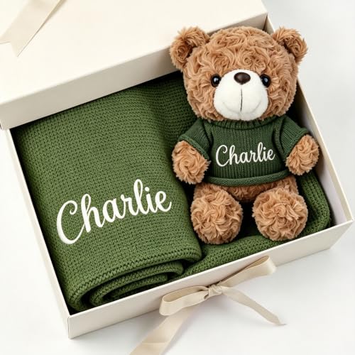 Personalized Baby Knit Blanket with Teddy Bear Set - Custom Name Gift for Newborns