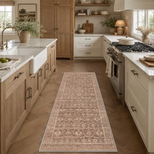 Mutated Terracotta 2'7" x 8' Vintage Floral Rug - Washable & Soft