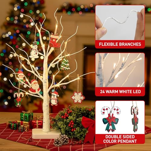Xmas Tree x2: Lighted Birch Mini Christmas Trees with 24 LED Lights, 22in - 2 Pack