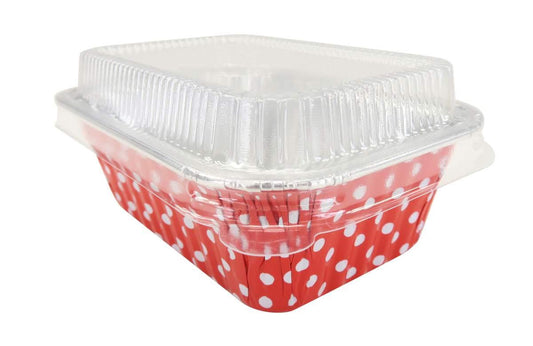 KitchenDance Disposable Aluminum Colored Polka Dot Mini Loaf Pan with Lid - 6 Ounces Rectangular Non-Stick Baking Pan - Perfect for Food Gifts, Home Bakers, and Restaurants - Pack of 100, #4004 (Red)