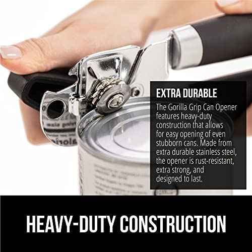 GORILLA GRIP Heavy Duty Stainless Steel Smooth Edge Manual Can Opener, Soft Comfortable Handle, Large Handheld Turn Knob, Built-In Bottle Openers, US Designed, Holiday Prep Kitchen Essential, Black