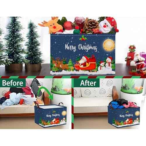 Large Christmas Gifts Empty Baskets Kids Collapsible Holiday Storage Bin with Handle (Deer Santa Claus)