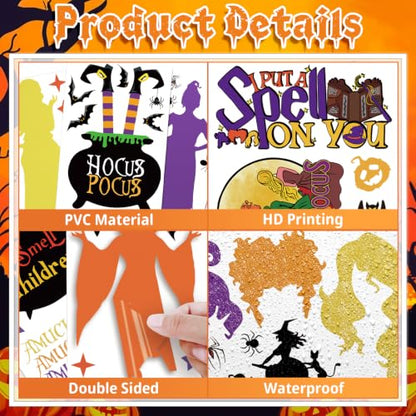 Hocus Pocus Window Clings Set - 9 Sheets, 70 Halloween Decals with Witch, Bats & Spiders - Variation of Hocus Pocus
