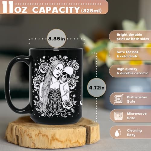 Black Skull Mug 15oz - Gothic Halloween Coffee Cup for Women, Spooky Gift