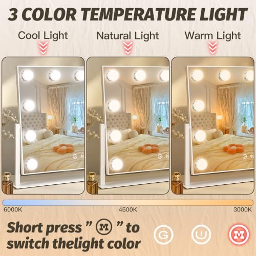 16-Inch Hollywood Vanity Mirror with Lights, 3 Color Modes, Dimmable Bulbs - White / 17"L x 13"W