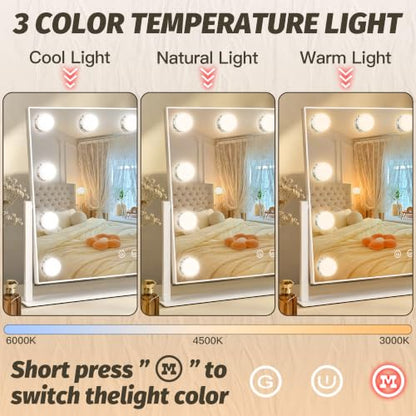 16-Inch Hollywood Vanity Mirror with Lights, 3 Color Modes, Dimmable Bulbs - White / 17"L x 13"W