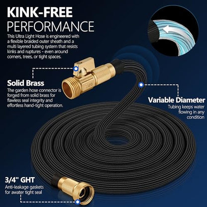Flexible Garden Hose 25 FT with Kink-Free Design, 10-Pattern Sprayer & Brass Fittings