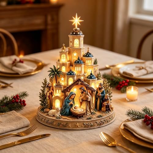 Blue Bethlehem Nativity Church Light Tower with Figurines - Christmas Scene Religious Decor