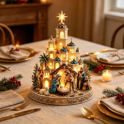 Blue Bethlehem Nativity Church Light Tower with Figurines - Christmas Scene Religious Decor