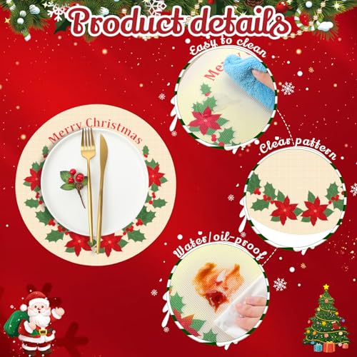 Set of 8 Christmas Poinsettia Round Placemat Protectors - Red & Green Embroidered Table Mats