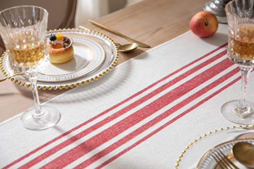 Christmas Table Runner 13x90 Inch with Tassels - Red Beige Stripe Boho Holiday Decor