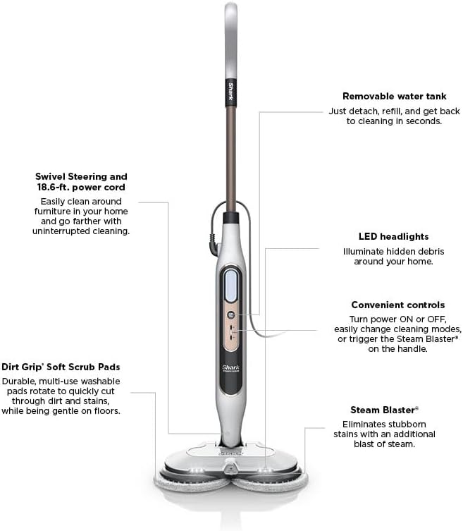 Shark Steam & Scrub Hard Floor Steam Mop - All-in-One with Steam Blaster Technology & LED Headlights | S8201, Rotator White